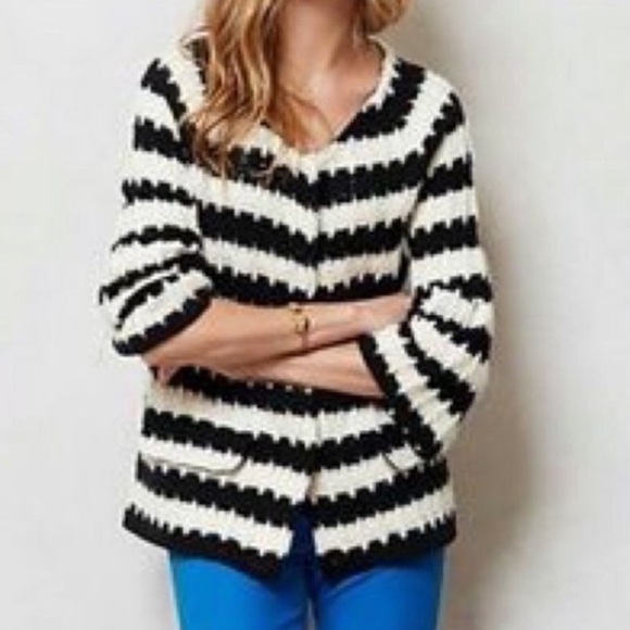 Anthropologie HWR Monogram Chunky Knit Striped Cardigan Black & White Size L EUC - Picture 2 of 16